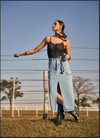 Saia Jena Longa Oposição Jeans Estilista Juliana Hartk