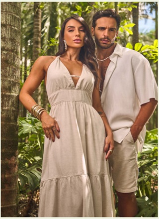 Vestido Longo Bege Oposição Jeans Short e Camisa Masculina 1 Oposição Jeans Estilista Juliana Hartk