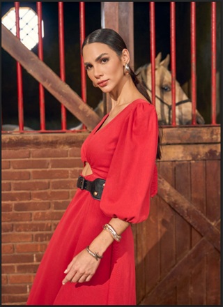 Vestido Vermelho lateral Oposição Jeans Estilista Juliana Hartk