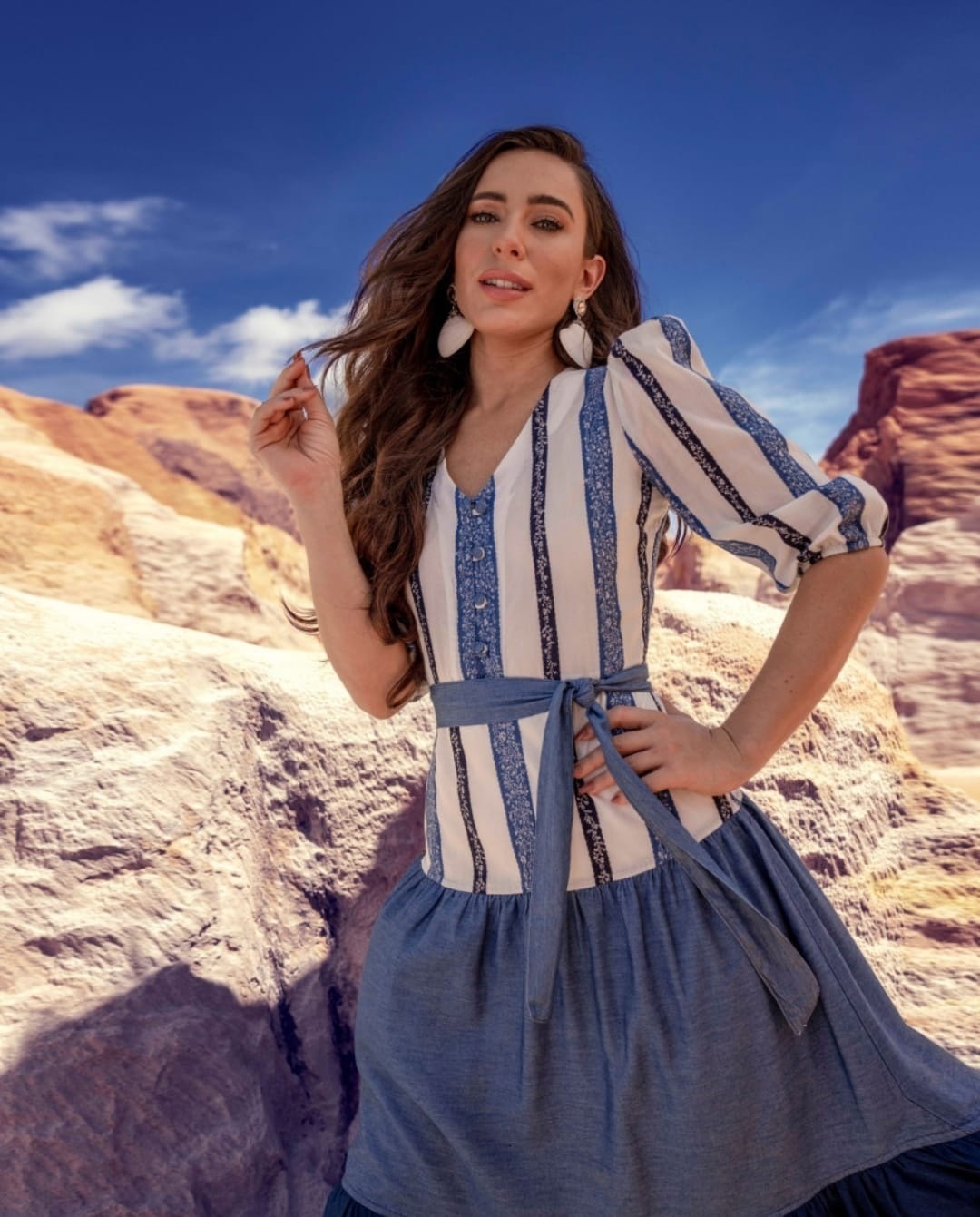 VESTIDO PRAIA LISTRADO VISCOSE AZUL JEANS VERAO